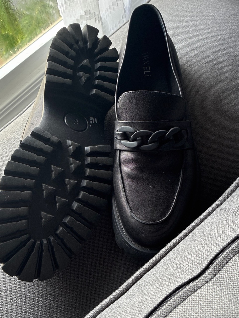 Vaneli Black Leather Chain-Trim Lug Sole Loafers